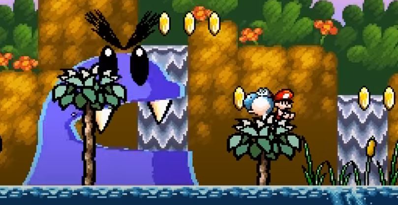 Blauer Yoshi kämpft auf Palmen gegen Blaues Monster