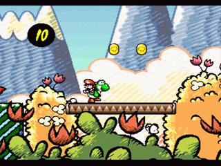 Super Mario World 2 Yoshis Island: Baby Mario wird von einem grünen Yoshi getragen