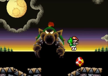 Yoshi springt in die Luft mit Baby Mario, während sich im Hintergrund die böse düstere Gestalt Bowser Junior befindet