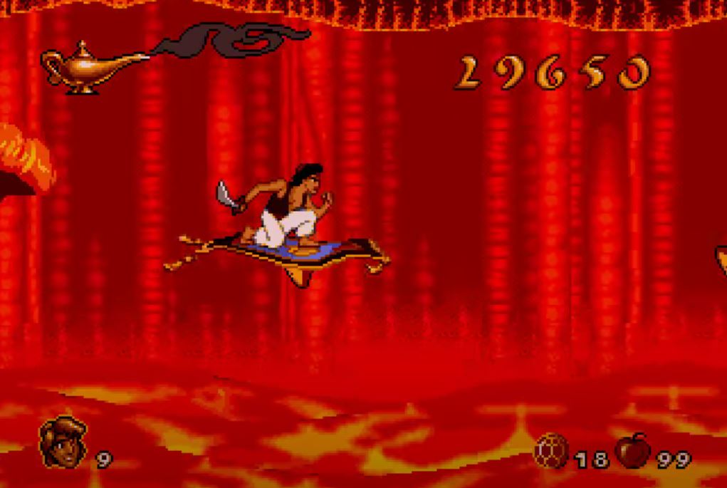 Disneys Aladdin: Aladdin flieht mit Teppich vor einer Lavawelle