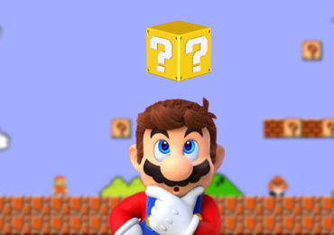 Super Mario hat einen großen Fragezeichenblock über dem Kopf
