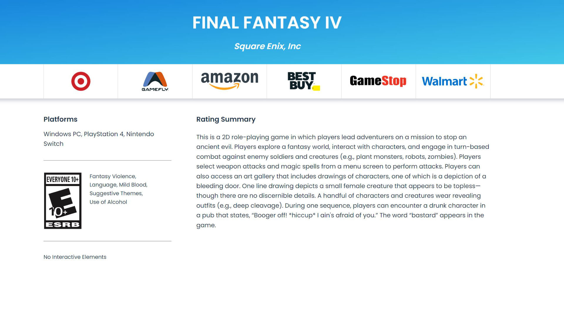 ESRB Rating für Final Fantasy 4 (Pixel Remaster)