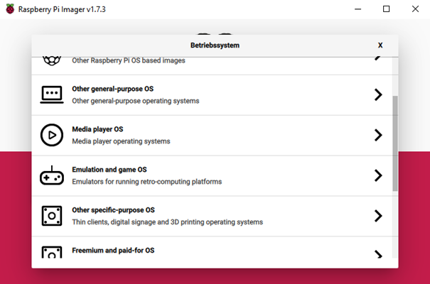 Raspberry Pi Imager Betriebssystem